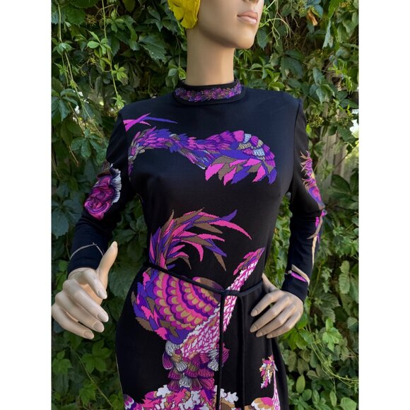 70s Psychedelic Phoenix Novelty Print Dress Long Sleeve Mock Neck Spaghetti Wais - Picture 2 of 10